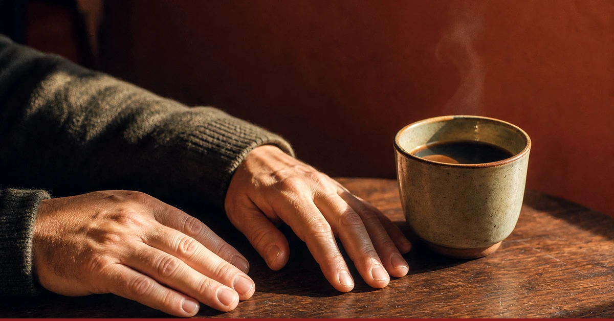 Ruhige Hände auf einem Holztisch neben einer Kaffeetasse — die Ruhe, nachdem eine Grenze gehalten wurde
