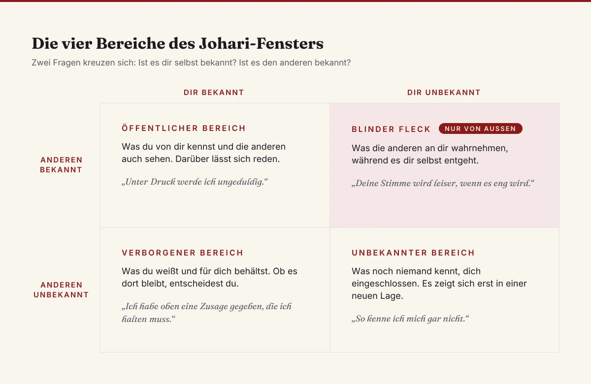Das Johari-Fenster als Vierfeldertafel aus den Fragen, ob etwas dir selbst und ob es den anderen bekannt ist: öffentlicher Bereich, blinder Fleck, verborgener Bereich und unbekannter Bereich, jeweils mit einem Beispielsatz