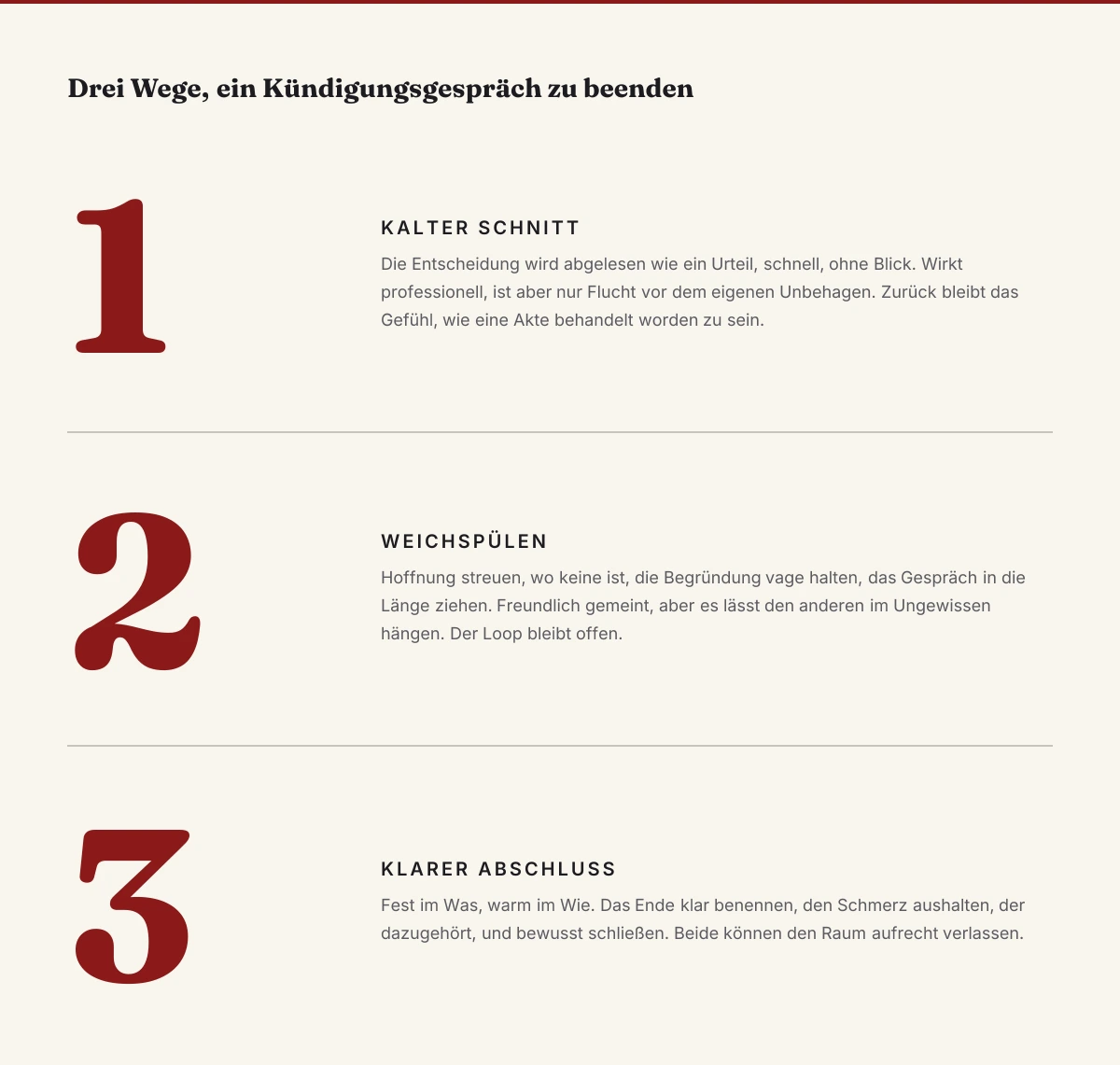 Drei Wege, ein Kündigungsgespräch zu beenden: der kalte Schnitt, das Weichspülen und der klare Abschluss.