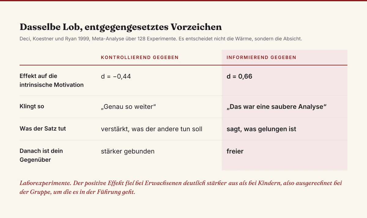 Gegenüberstellung von kontrollierend und informierend gegebenem Lob nach Deci, Koestner und Ryan 1999: kontrollierendes Lob senkt die intrinsische Motivation mit d gleich minus 0,44, informierendes Lob hebt sie mit d gleich 0,66